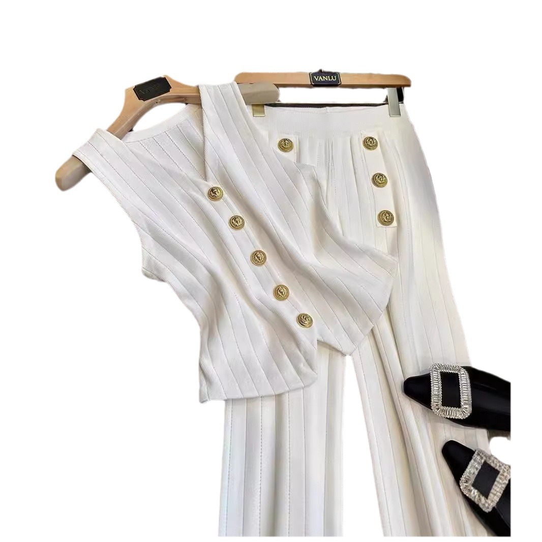 Damenbekleidung Set mit kurzem Strickcardigan, Metallknopf am Hals, Weste und Hose mit weitem Bein_voghion.com