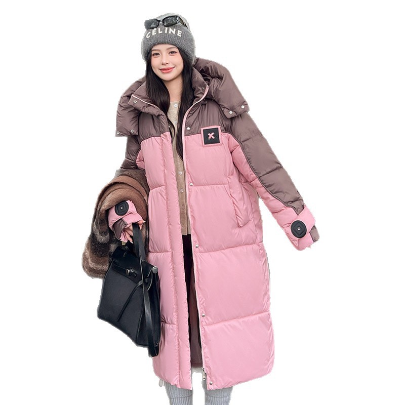 Gran tamaño largo sobre la rodilla ropa de moda de algodón de mujer coreana chaqueta de algodón de color contrastante ropa de algodón con capuchón suelta ropa de pan de mujer chaqueta