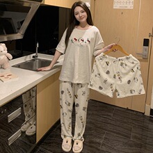 2026夏季新款卡通纯棉圆领短袖套头甜美可爱女款三件套家居服