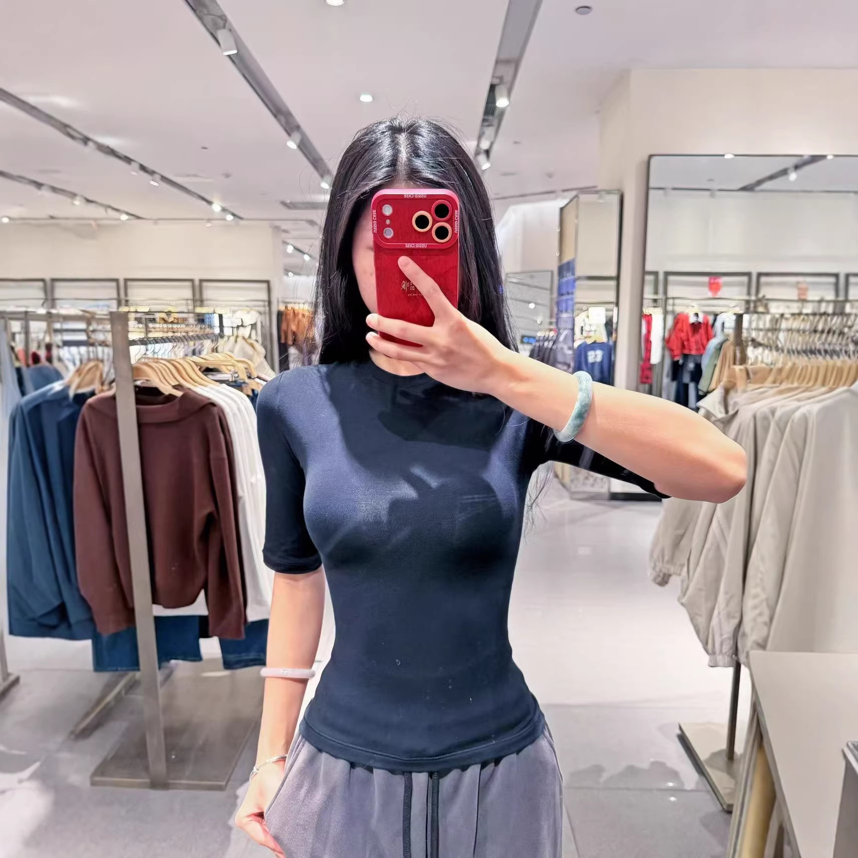 Skims Kardashian Cotton Mid-Sleeve T-Shirt, Stretchy, Slim-Fit, Flattering, Spring/Summer, Round Neck, American Style, Regular Shoulder, High Elasticity