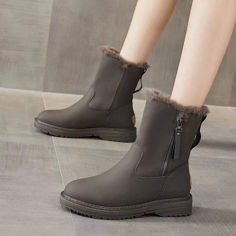 Ботинки в стиле Martens, утеплённые мехом, нескользящая подошва, зимние сапоги на молнии, для мамы