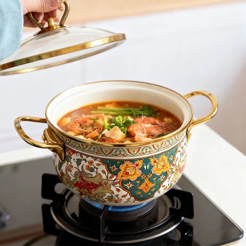 Enamel Pot, Soup Pot, Double-Ear Pot, Enamel Apple Pot, Stew Pot, Enamel Household Pot, Environmentally Friendly, Healthy, Gas Stove Compatible, High Temperature Resistant