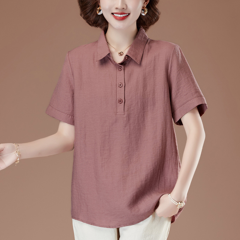 Expressed Large Size Lapel Short-sleeved Cotton and Linen Shirt Women's 2025 Summer New Linen Shirt Middle-aged Mother Top