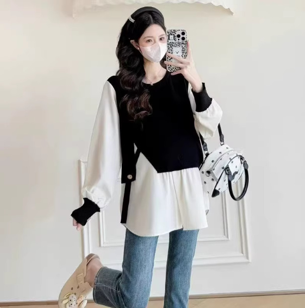 Maternity Wear, Autumn Dress, Korean Style Trendy Mom Mid-Length Outer Wear Casual Splicing Top, Spring and Autumn Maternity Suit
