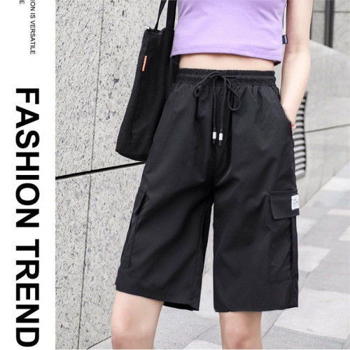 Women's Summer Thin Ice Silk High-Waisted Loose Sports Casual Black Student Workwear Knee-Length Five-Finger Pants for Girls and Boys