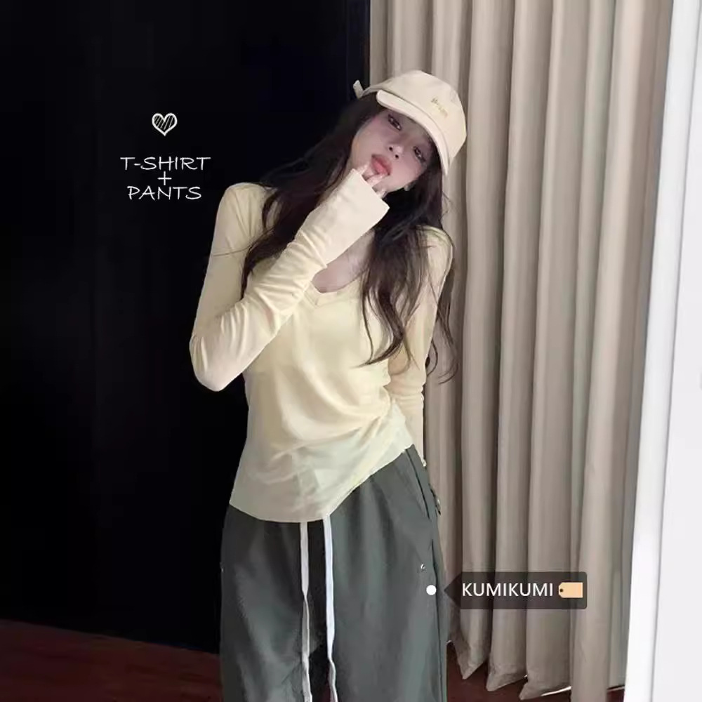 慵懒风薄款罩衫休闲V领长袖t恤女春季辣妹小众修身显瘦防晒上衣潮