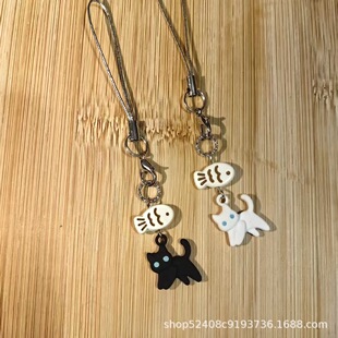 Black and White Cats Don't Eat Fish Cute Earphone Case Pendant Mobile Phone Case Simple Pendant CCD Camera Key Pendant Decoration