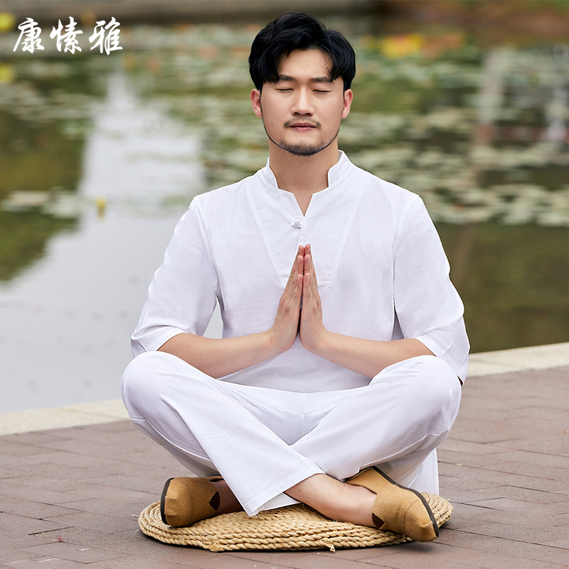 Chinese Style Men's Hanfu Cotton and Linen Yoga Zen Suit Tea Suit Zen Style Loose Taiji Jushi Suit Practice Sitting Suit Chinese Style Men's Hanfu Cotton and Linen Yoga Zen Suit Tea Suit Zen Style Loose Taiji Jushi Suit Practice Sitting Suit