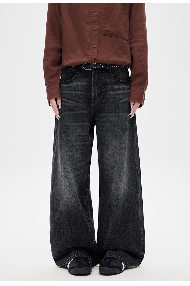 Men's Clothing Whiskered Denim Jeans American Style Straight Leg Retro Loose Fit Wide Leg Washed Black Trousers For Men And Women_mkmklike.com