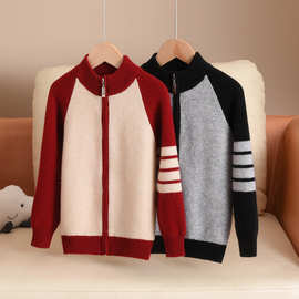 25年秋冬新款纯羊毛外套中大童宽松拼色半高领开衫外套加厚羊毛衫