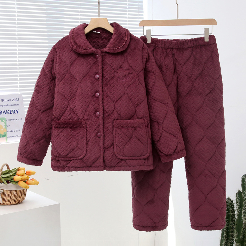 Three-layer Quilted Thickened Pajamas Women's Winter Flannel Warm Home Clothes for Middle-aged and Elderly Mothers suit Can Go Out