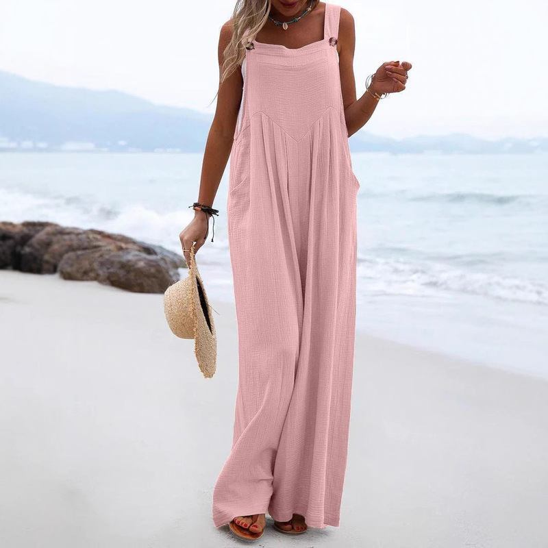 2026 Summer Amazon European and American Women's Fashion Sleeveless Wide-Leg Button Ethnic Style Jumpsuit Women's Cross-Border Wide-Leg Pants