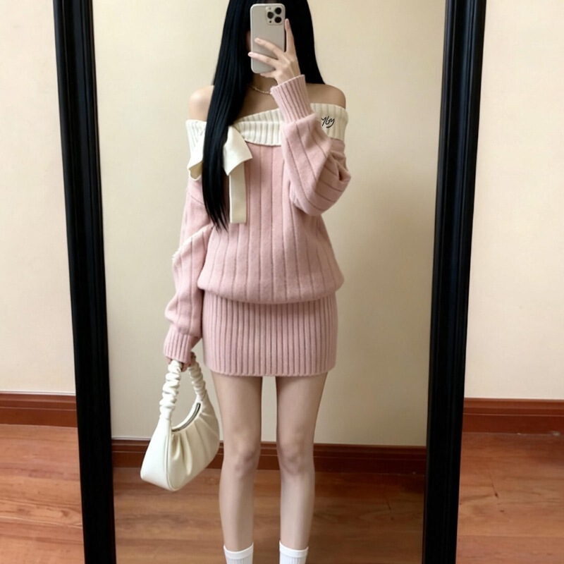 Sweater Dress for Women in Autumn and Winter New Korean Style High-End Age-Reducing Elegant One-Line Collar Knitted Hip Skirt Sweater Dress for Women in Autumn and Winter New Korean Style High-End Age-Reducing Elegant One-Line Collar Knitted Hip Skirt