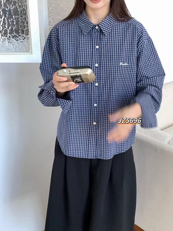 秋季韩系新款格调时尚格纹刺绣翻领衬衫宽松叠穿舒适长袖上衣ZR|undefined