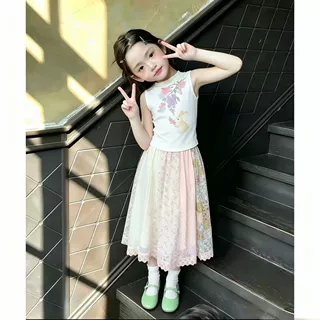 女童套装2026夏装新款宝宝可爱小兔叽百搭背心女孩蕾丝拼色半身裙