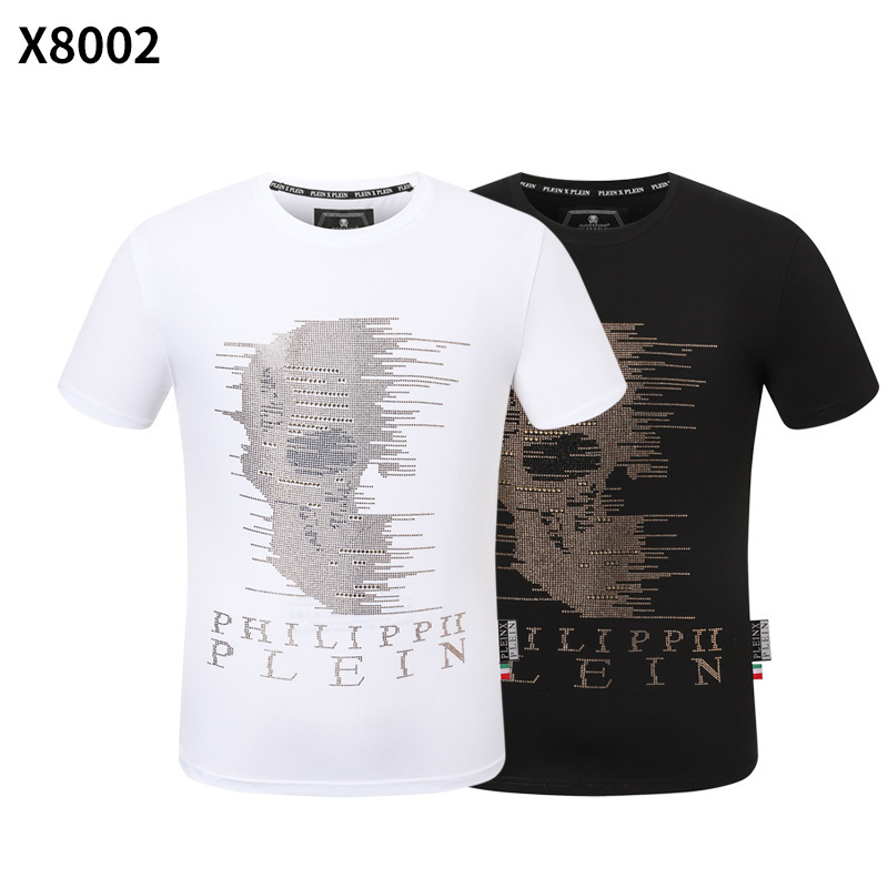 Cross-border Trendy Brand Men's T-shirt Crewneck Hot Drilling Short Sleeve Cotton Elastic T-shirt PLEIN Men's National Trendy Slim-fit Short T