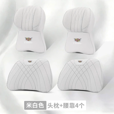 Pillow Lumbar Support – Headrest - cadillac-logo-2-large-memory-foam-headrests-2-lumbar-supports-off-white