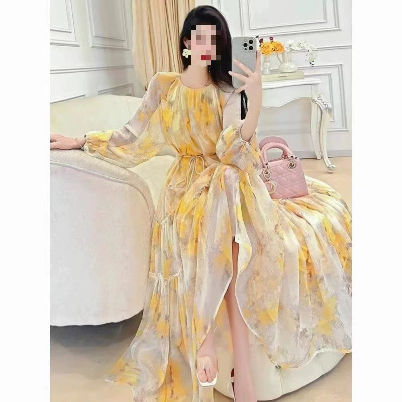 Новое французское шифоновое платье с цветочным принтом Z3J Fei Jie, весна-лето 2024, женственный стиль, стройнящий, для отдыха, чистый стиль желания.