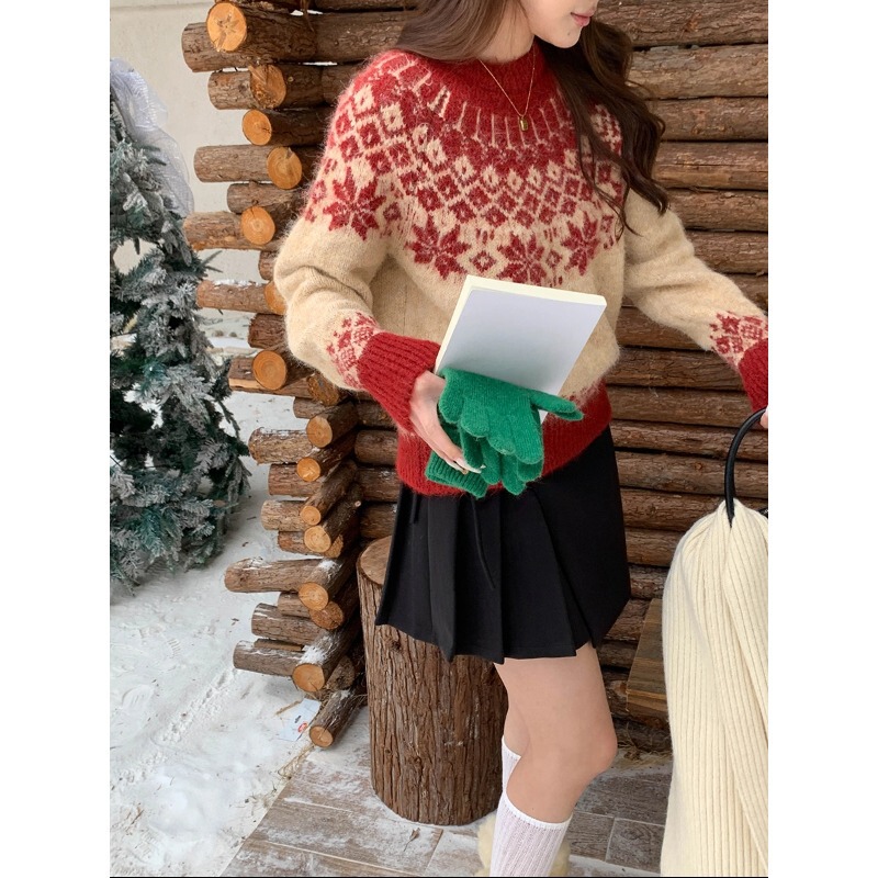 3Th Morning Christmas Atmosphere Retro Fair Isle Jacquard Crew Neck Knit Sweater Zy3665