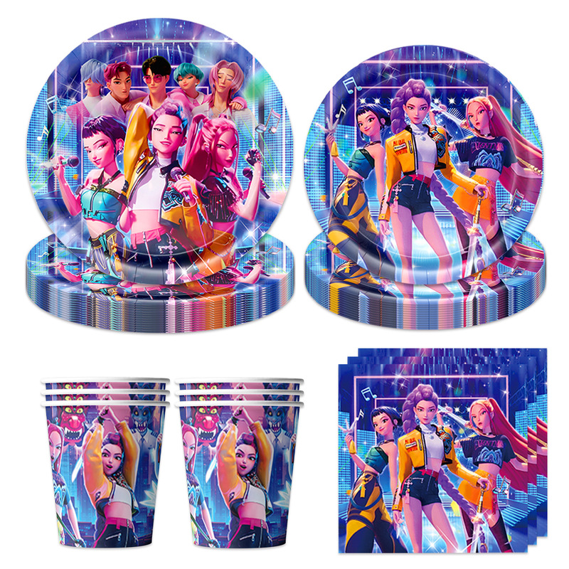 K-POP蓝色猎魔女团主题餐具纸盘纸杯桌布拉旗生日派对布置用品|undefined