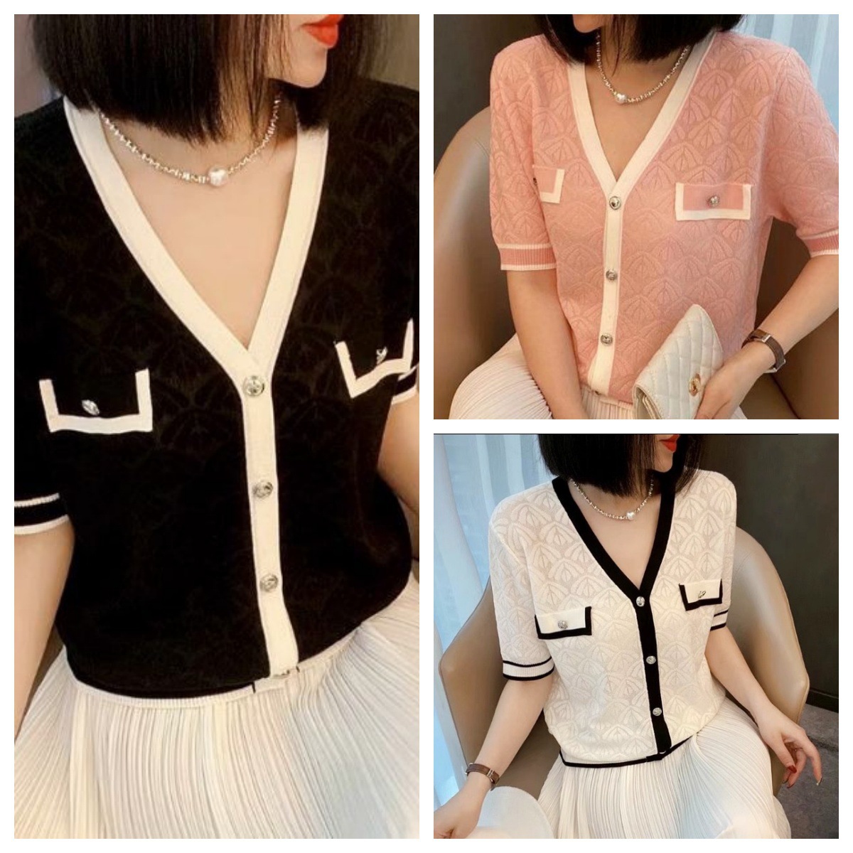 Áo len dệt kim jacquard cổ chữ V tay ngắn, phong cách tiểu thơ, khóa kim loại — Màu đen chi tiết 1