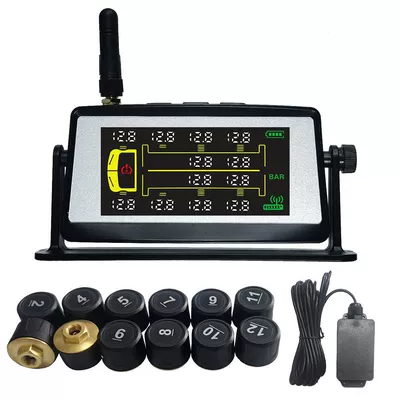 Truck Solar-Powered Tire Pressure Monitoring System (TPMS) for Heavy-Duty Trucks with 8, 10, 12, or 14 Wheels, Wireless Tire Pressure Detection (Tire pressure monitoring system) - full-display-0-18bar0-261psi-12-wheels-repeater