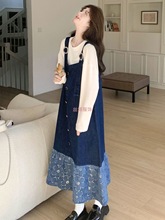 牛仔背带裙女韩系减龄2025秋季新款设计感超好看小个子拼接连衣裙