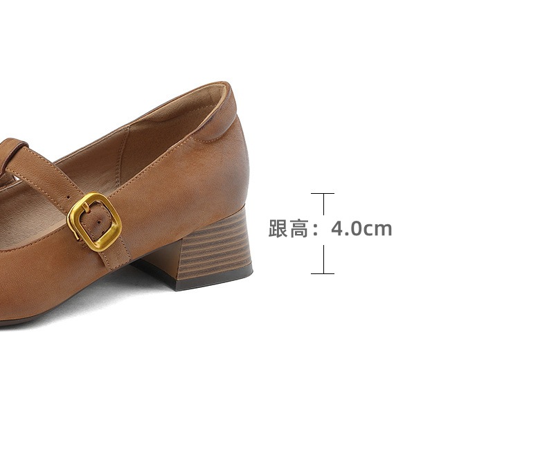 Giày Mary Jane nữ gót thô cổ điển kiểu Pháp, quai chữ T, da cừu lớp đầu — Màu nâu nhạt chi tiết 4