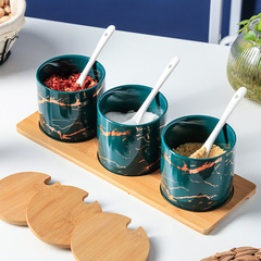 Simple Green Emerald Ceramic Spice Jar Set Home Restaurant Spice Container Storage with Lid and Spoon Gift Set