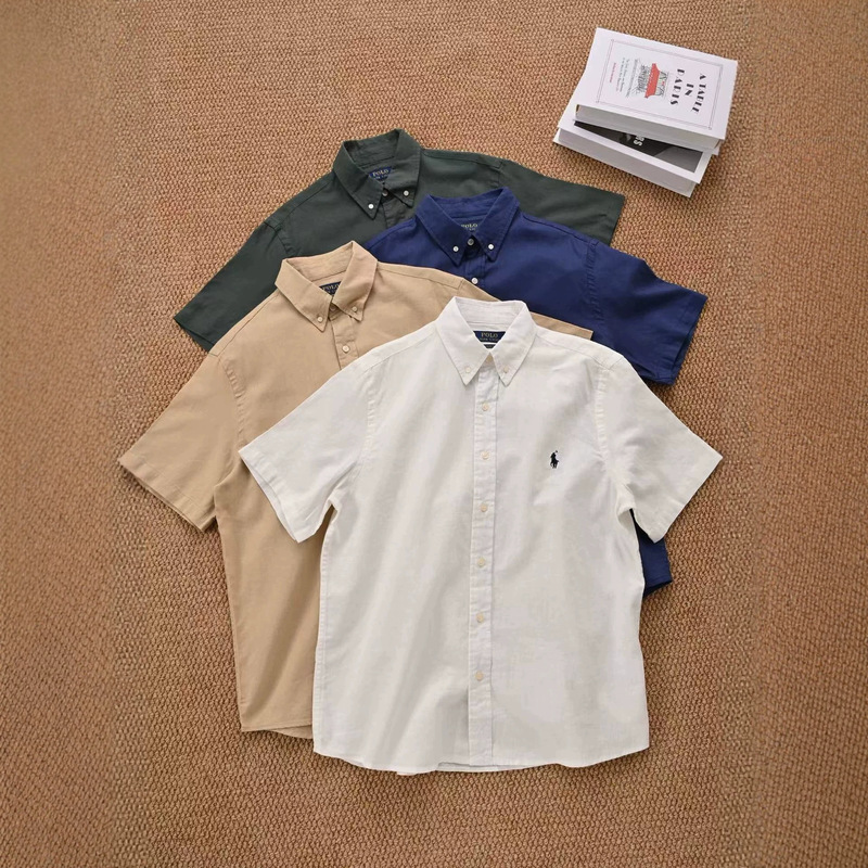 Cross-Border Rl Ralph Linen Short-Sleeve Shirt with Pony Logo Embroidery Versatile Turn-Down Collar Shirt