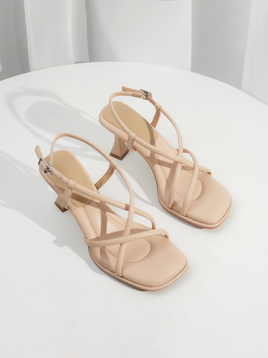 Elegant Square-toed Cross-strap Sandals Women's High Heels_voghion.com