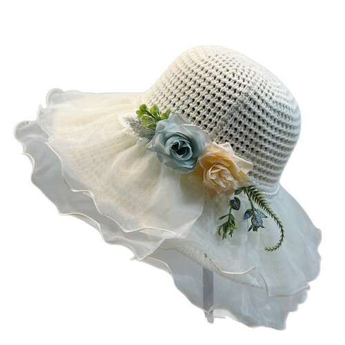 New French lace pearl flower fisherman hat for women, summer foldable sunshade travel vacation sun protection hat
