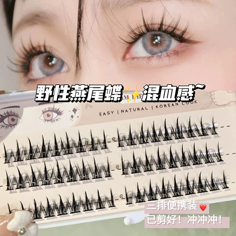 Dense realistic false eyelashes, cluster extensions, natural big-eye comic style