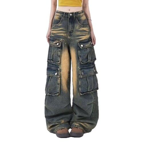 High-street retro multi-pocket design workwear jeans for women, high-waisted loose drape wide-leg long pants, Instagram trendy