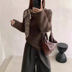 YS毛衣女韩版豹纹丝带设计感秋冬软糯系带露肩慵懒风针织衫上衣
