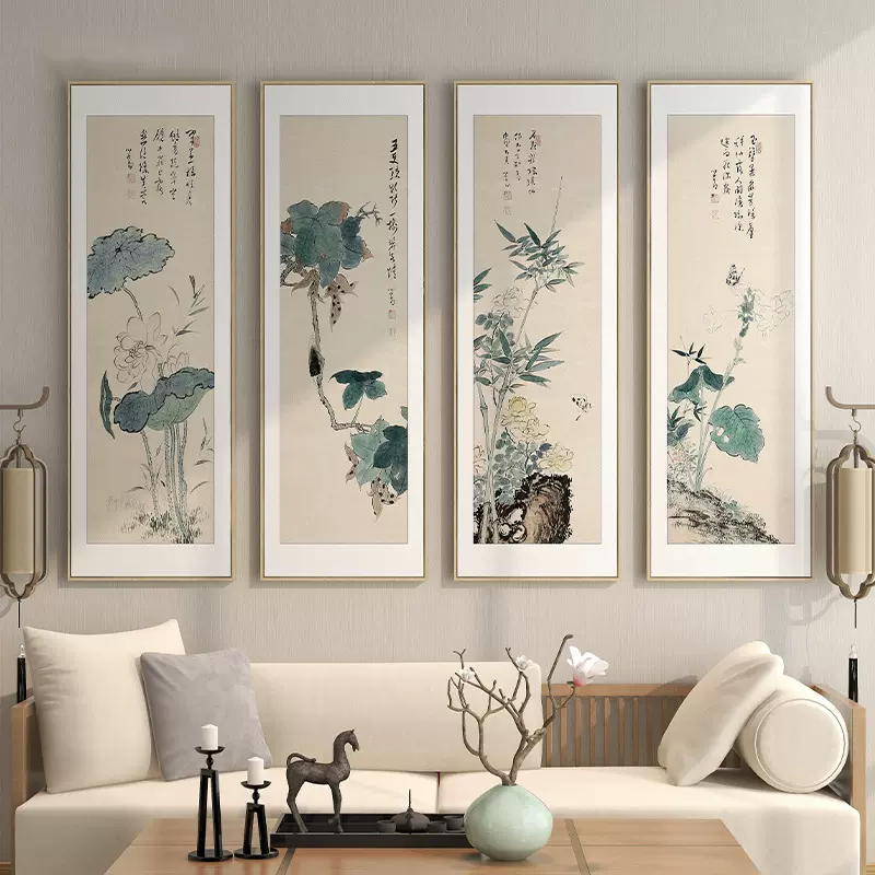 新中式客厅装饰画沙发背景墙四联风景水墨山水画茶室挂画书房壁画