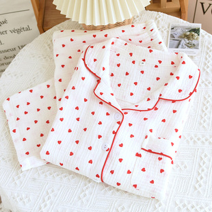 Pajamas ladies spring and autumn cotton long sleeve double-layer wash cotton gauze sweet love home clothes suit manufacturers wholesale