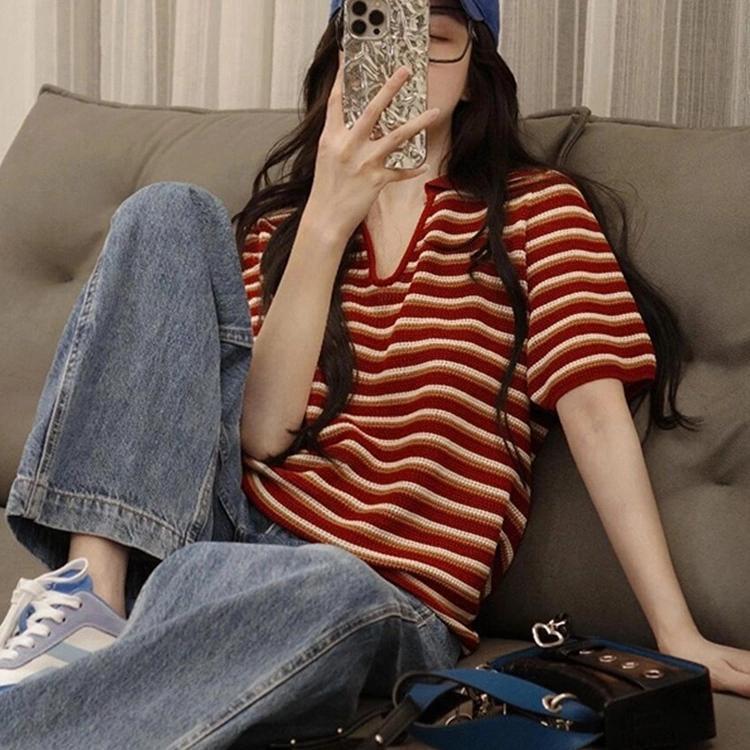 Polo Collar Red Stripesd Knitted Short-Sleeved T-Shirt Summer Women's Fashionable and Slim Ice Silk V-Neck Thin Top Polo Collar Red Stripesd Knitted Short-Sleeved T-Shirt Summer Women's Fashionable and Slim Ice Silk V-Neck Thin Top