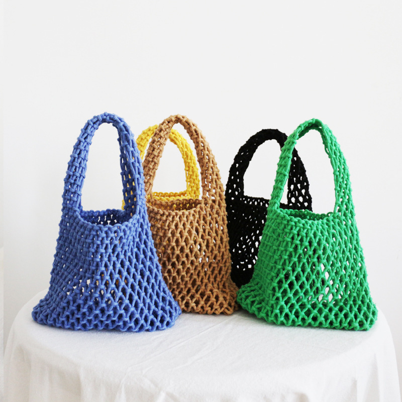 New Solid Color Cotton Rope Hollow Net Bag Cotton Rope Small Bag Fashion Holiday Portable Beach Bag Bucket Bag Mesh Portable