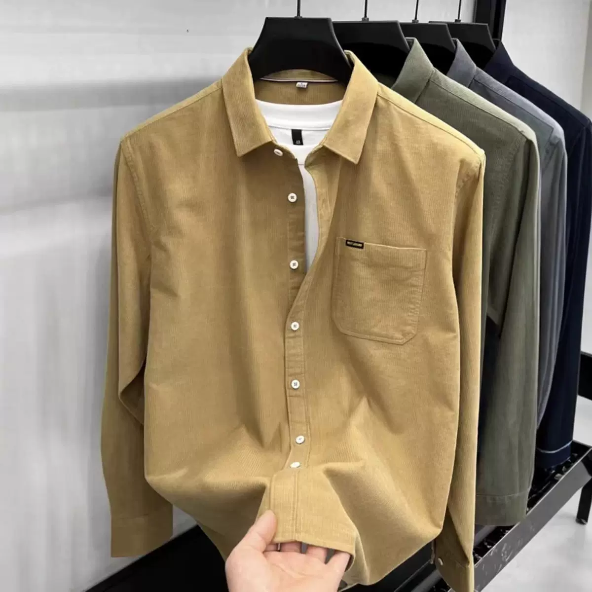 秋季新款灯芯绒口袋男士长袖衬衫商务休闲宽松衬衣潮流男女装衬衫