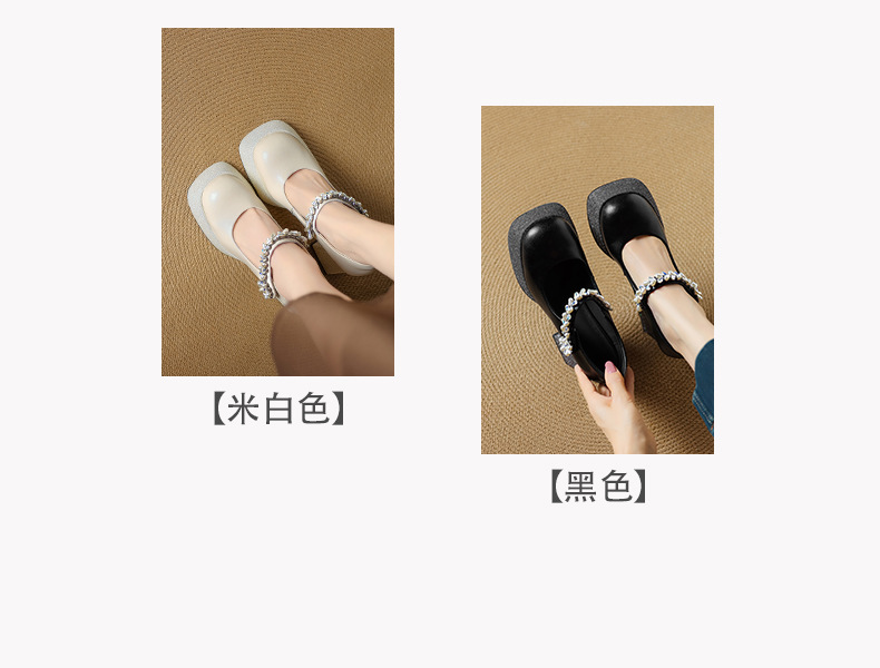 Giày Mary Jane cao gót nữ mũi vuông đính đá quai ngang đế dày platform gót thô 9 cm — Màu đen, Màu trắng be chi tiết 4