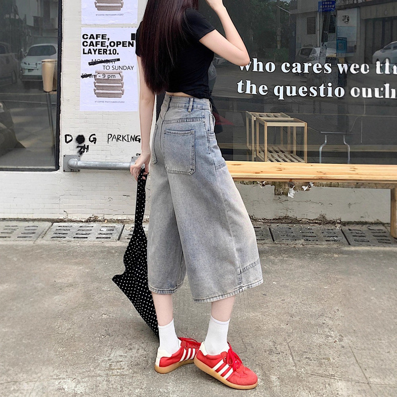 Plus Size American Retro Denim Cropped Pants for Women, Summer High-Waisted Mid-Length Straight Loose Wide-Leg Shorts for Petite Figures Plus Size American Retro Denim Cropped Pants for Women, Summer High-Waisted Mid-Length Straight Loose Wide-Leg Shorts for Petite Figures