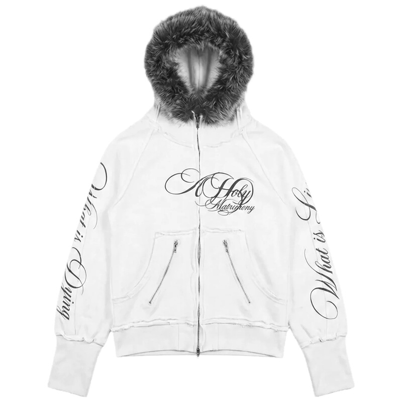 Distressed raw-edge hooded zip-up sweatshirt with gothic cursive letter print, double zipper pockets, short cardigan jacket Distressed raw-edge hooded zip-up sweatshirt with gothic cursive letter print, double zipper pockets, short cardigan jacket