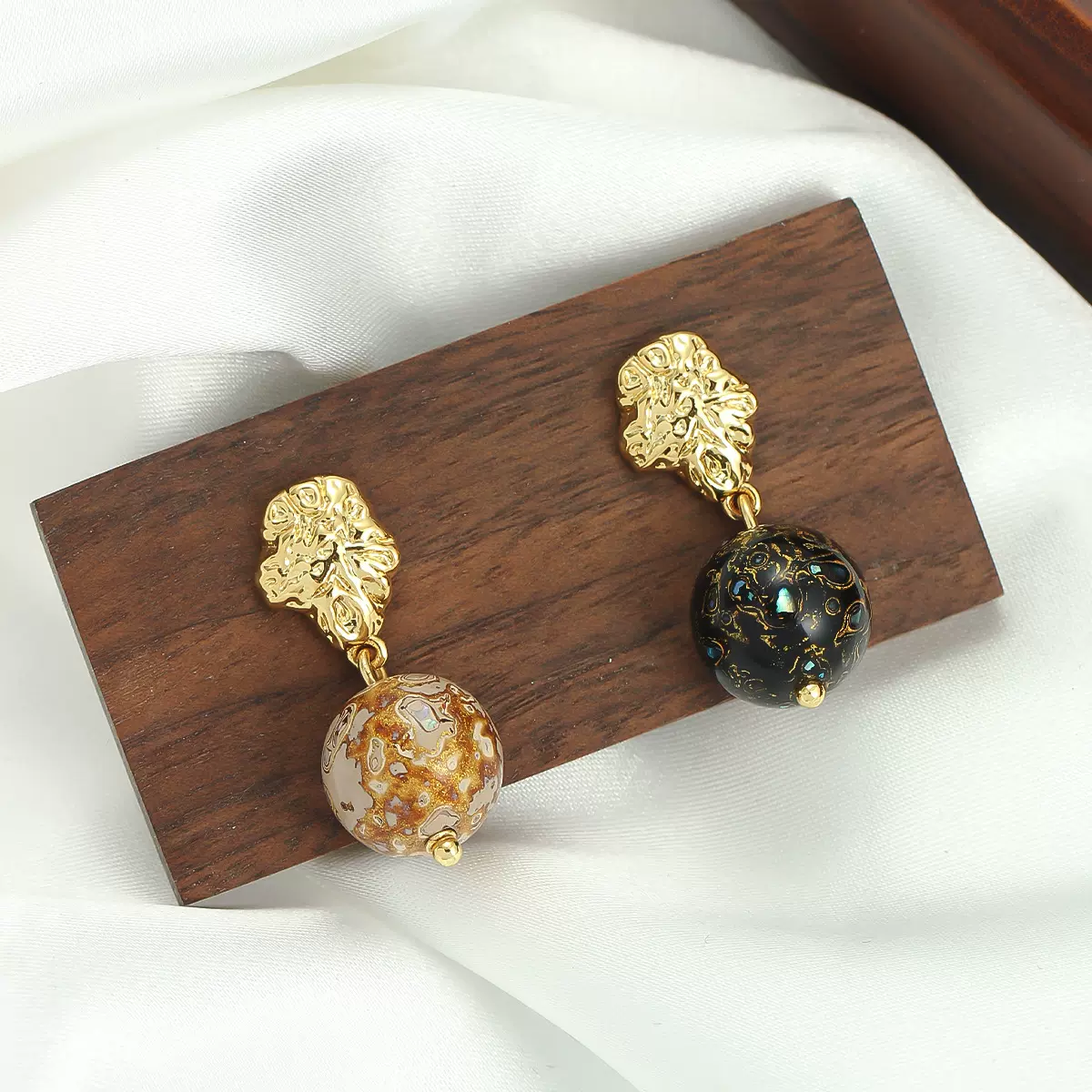 非遗大漆珠新中式耳钉不对称简约复古925银针小众设计高级感耳钉