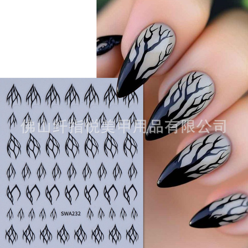 Cross-Border New Nail Art Stickers Wholesale Ins Dark Abstract Vine Leaf French Cow Pattern Nail Stickers Decoration