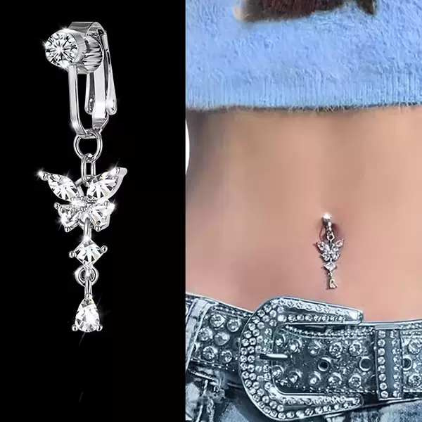 No-Puncture Large Zircon Butterfly Fake Navel Ring Sexy Hot Girl Dance Belly Button Jewelry Non-Pierced Belly Button Ring No-Puncture