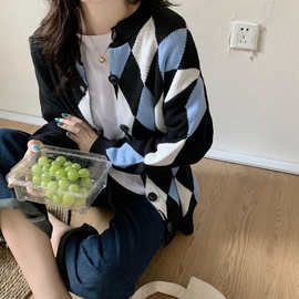 实拍学院风菱格拼色针织开衫外套港风复古宽松拼接撞色毛衣中长款