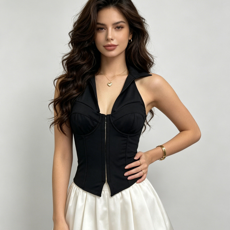 European and American Fashion French-Style Halter Neck Corset Sexy Sleeveless Stand Collar Waist-Cinching Spicy Girl Camisole Outerwear Tube Top
