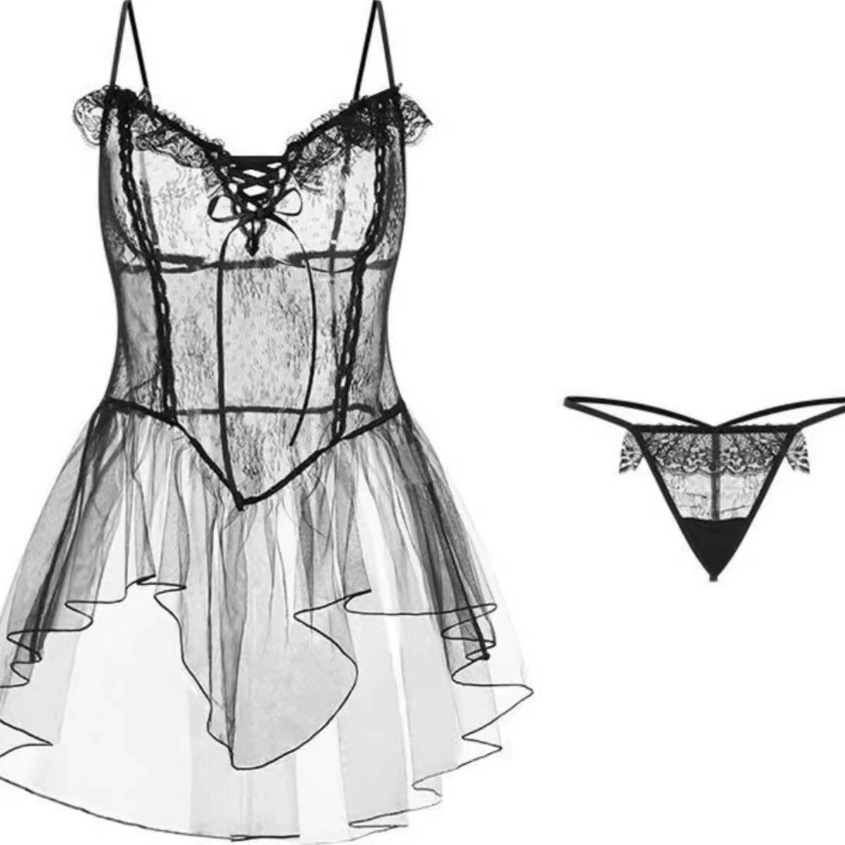 Кружевное babydoll ночнушка, полупрозрачная юбка из сетки с push-up чашечками, черная/белая, размеры Avg/Large