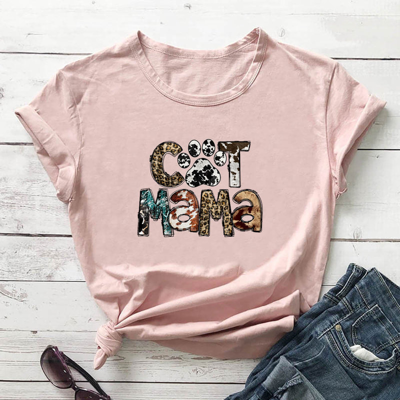 Cat mama letter leopard print Cat mom Mother's Day foreign trade cross-border European and American round neck short sleeve t-shirt